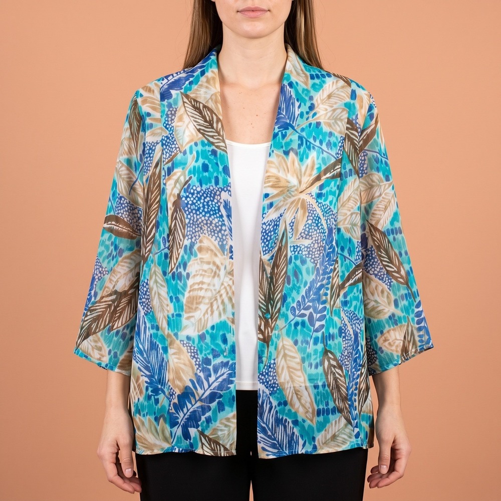 BonWorth Top Womens L 33464 Turquoise Tropical Leaf Tie Back EUC